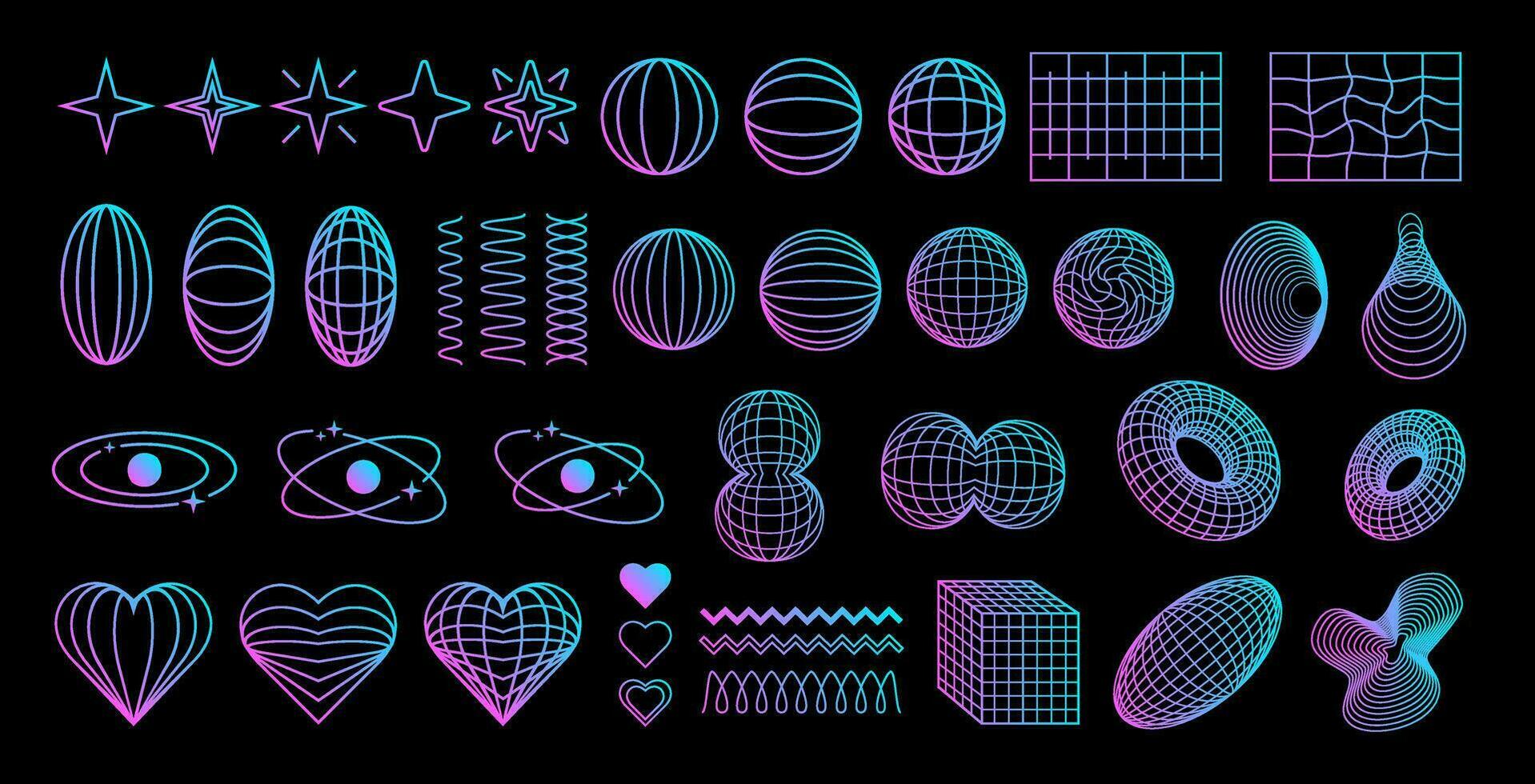 Set of gradient retro shapes, elements in Y2K futuristic aesthetics, abstract vector symbols and dimensional wireframes.