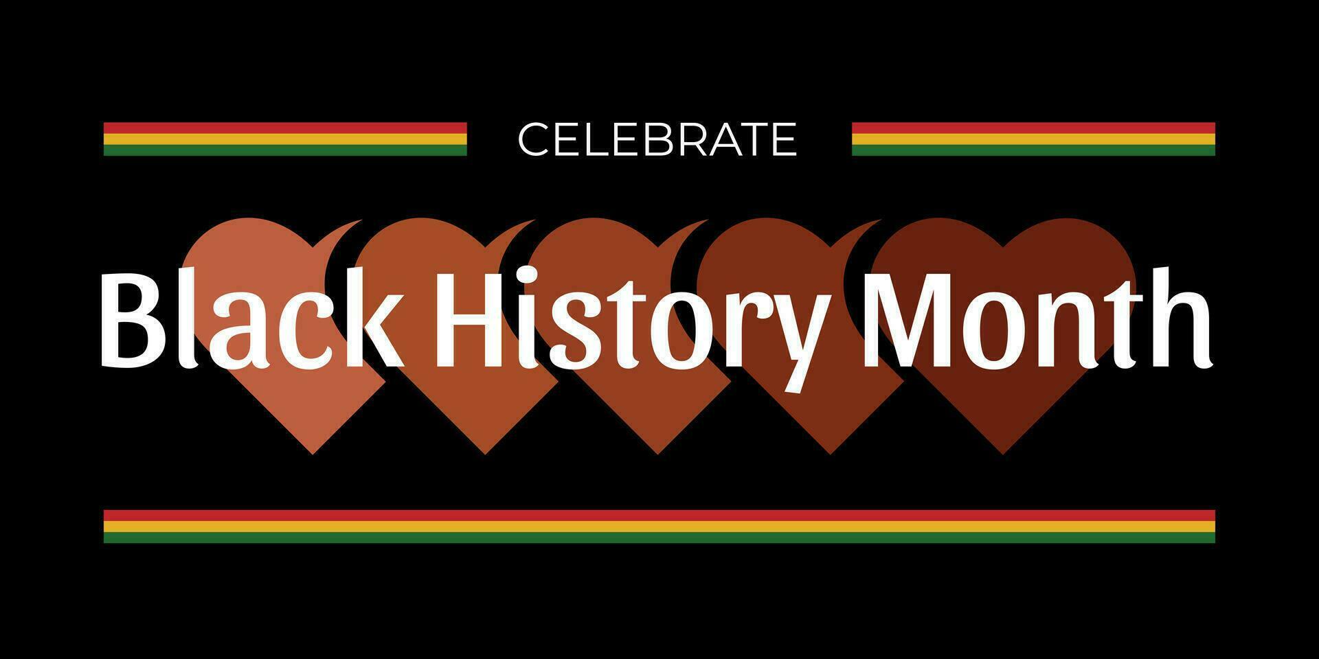 Black History Month banner with black skin colored hearts and stripes with colors of Africa flag, Black History Month celebration greeting. vector