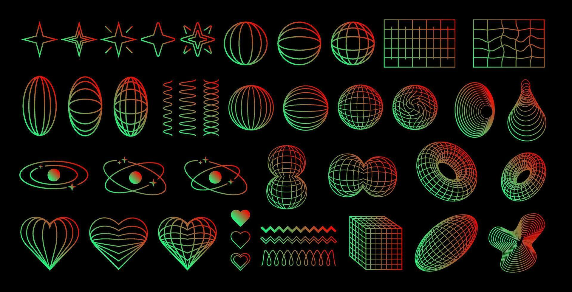 Set of gradient retro shapes, elements in Y2K futuristic aesthetics, abstract vector symbols and dimensional wireframes.