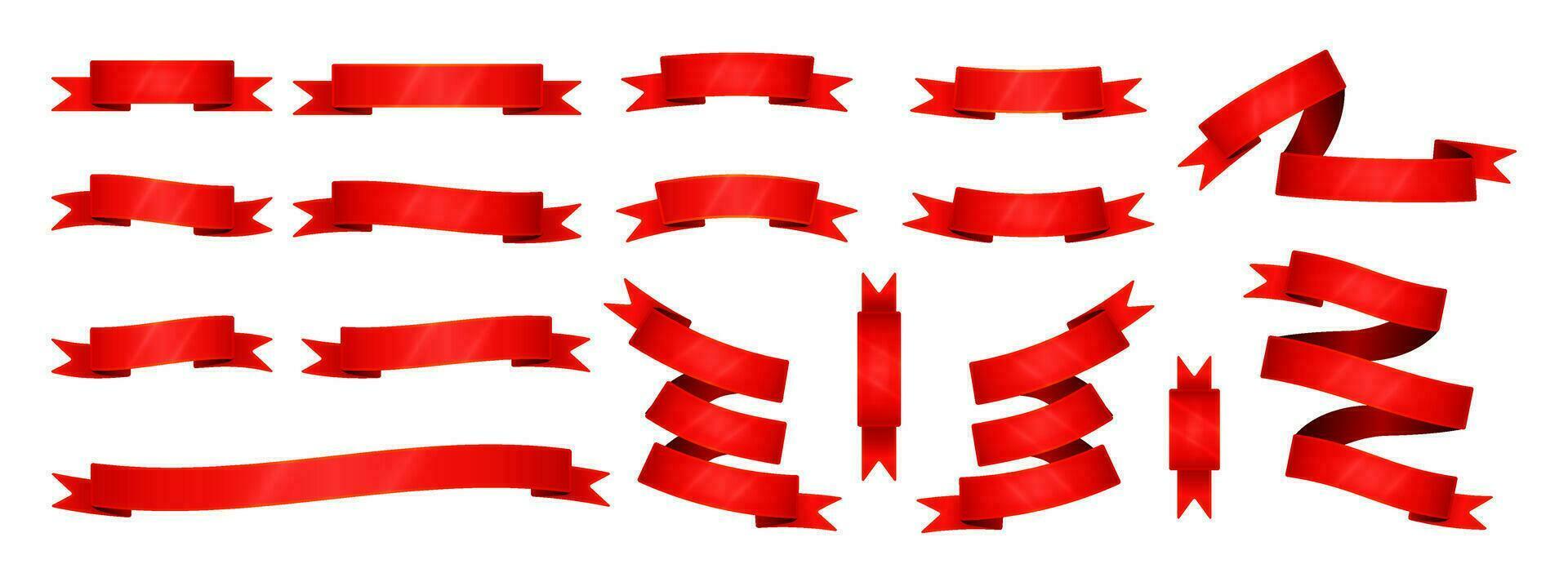 Set of red realistic vector ribbons, glossy realistic ribbon stickers, design elements, decorations.