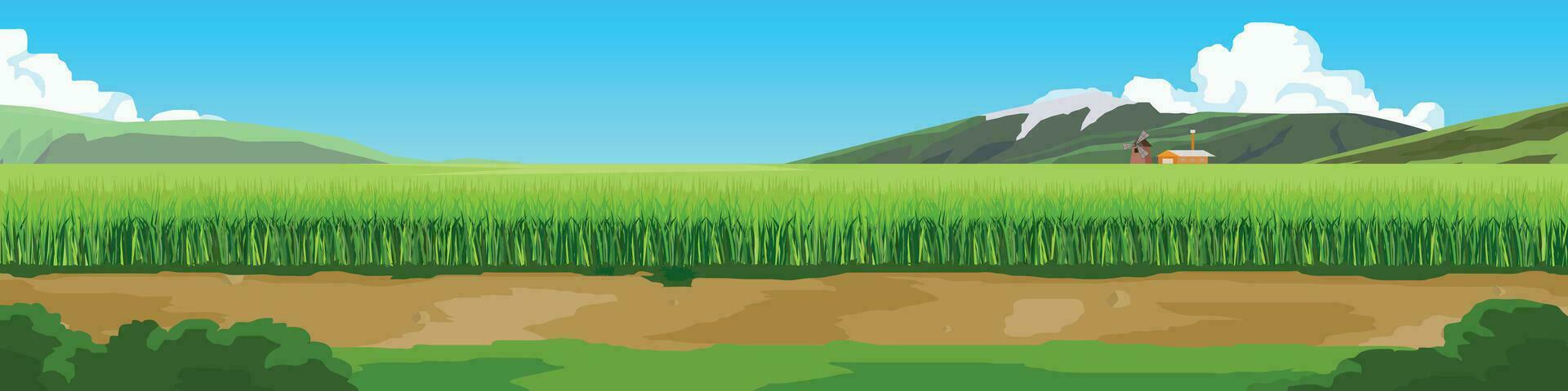 Transport of travel road with nature for banner. Empty soil road beside of road with green grass. Mountain and blue sky with white clouds. Copy Space Flat Vector. vector