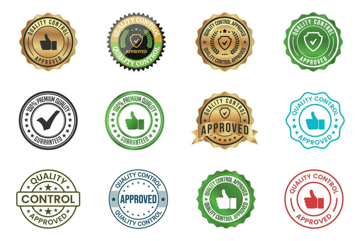 Set Quality Control Approved Stamp, Badge, Icon, Seal, Emblem, Quality Assurance Label, Quality Concept, Service, Controller, Patch, Rubber, Product, Sticker, Vector Illustration Grunge