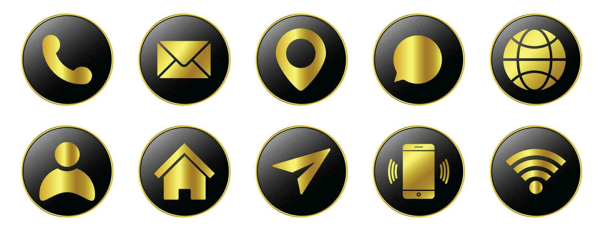 oro contacto nosotros íconos colocar, lustroso contacto icono, moderno tecnología icono conjunto con brillante 3d botón social medios de comunicación símbolo, llamar, hogar botón, mensaje, sitio web, Wifi, ui ux empujar botón vector