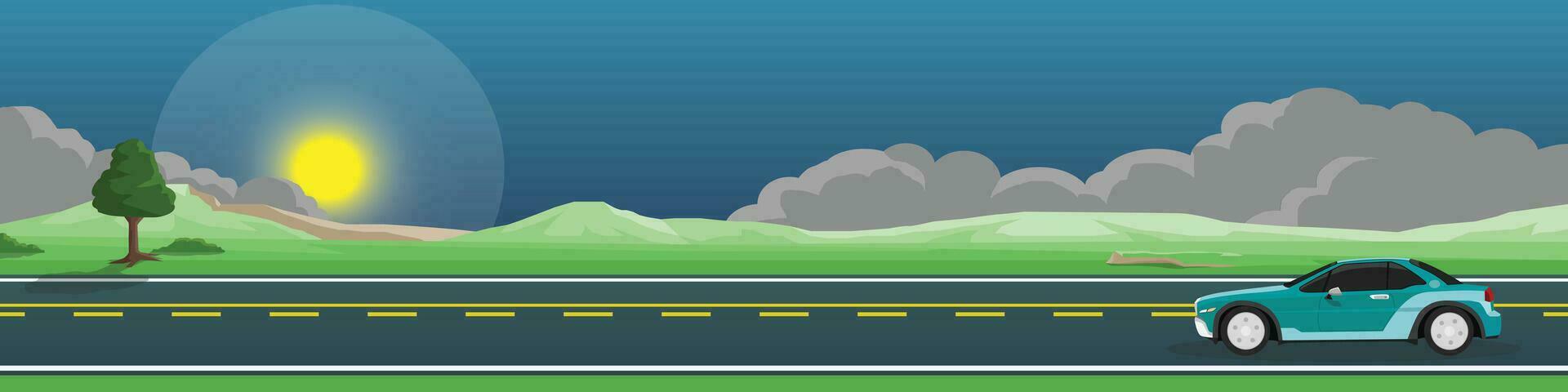 Cartoon transport travel for banner. Classic sport car for travel at night.  Asphalt road near the green grass and tree. Mountain and night sky with dark clouds. Copy Space Flat Vector. vector