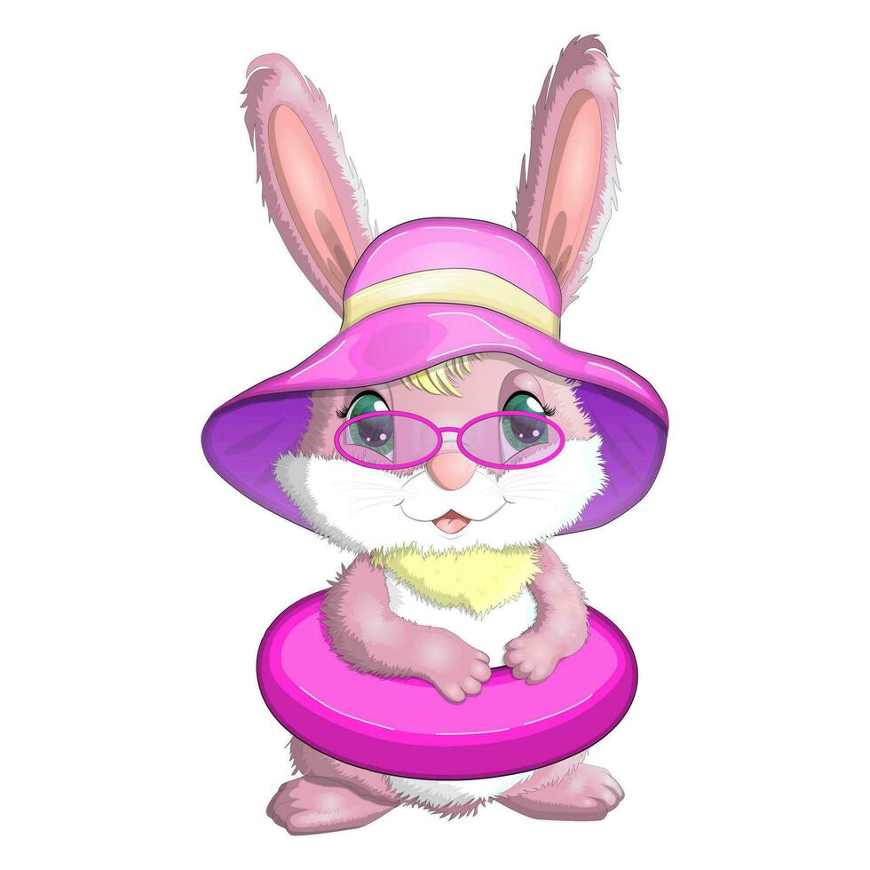 Cute rabbit, hare in a summer hat and swim ring, flippers. Beach, holiday, vacation concept. Symbol of 2023. vector