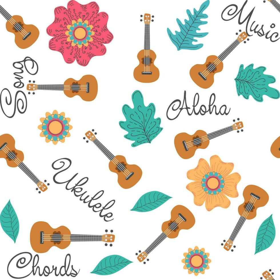 ukelele sin costura patrón, ukelele modelo con monstruo, hojas, flores, notas, inscripciones vector