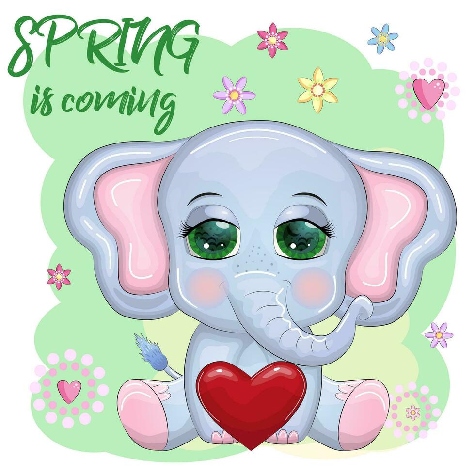 Cute cartoon elephant, childish character with beautiful eyes with a heart. vector
