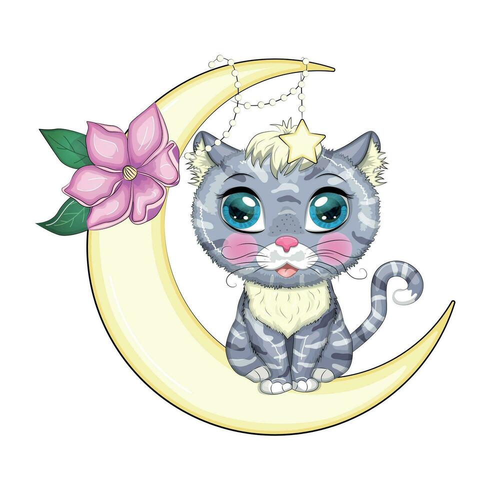 Cartoon cat on the moon with flowers. Cute child character, symbol of 2023 new chinese year vector