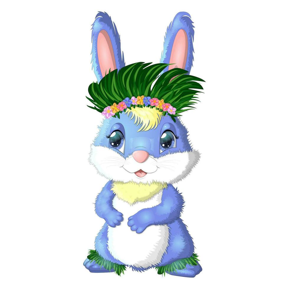 Cute rabbit, hare in Hawaiian clothes dancing hula. Wreath and garland of flowers, beach, vacation, vacation concept. vector