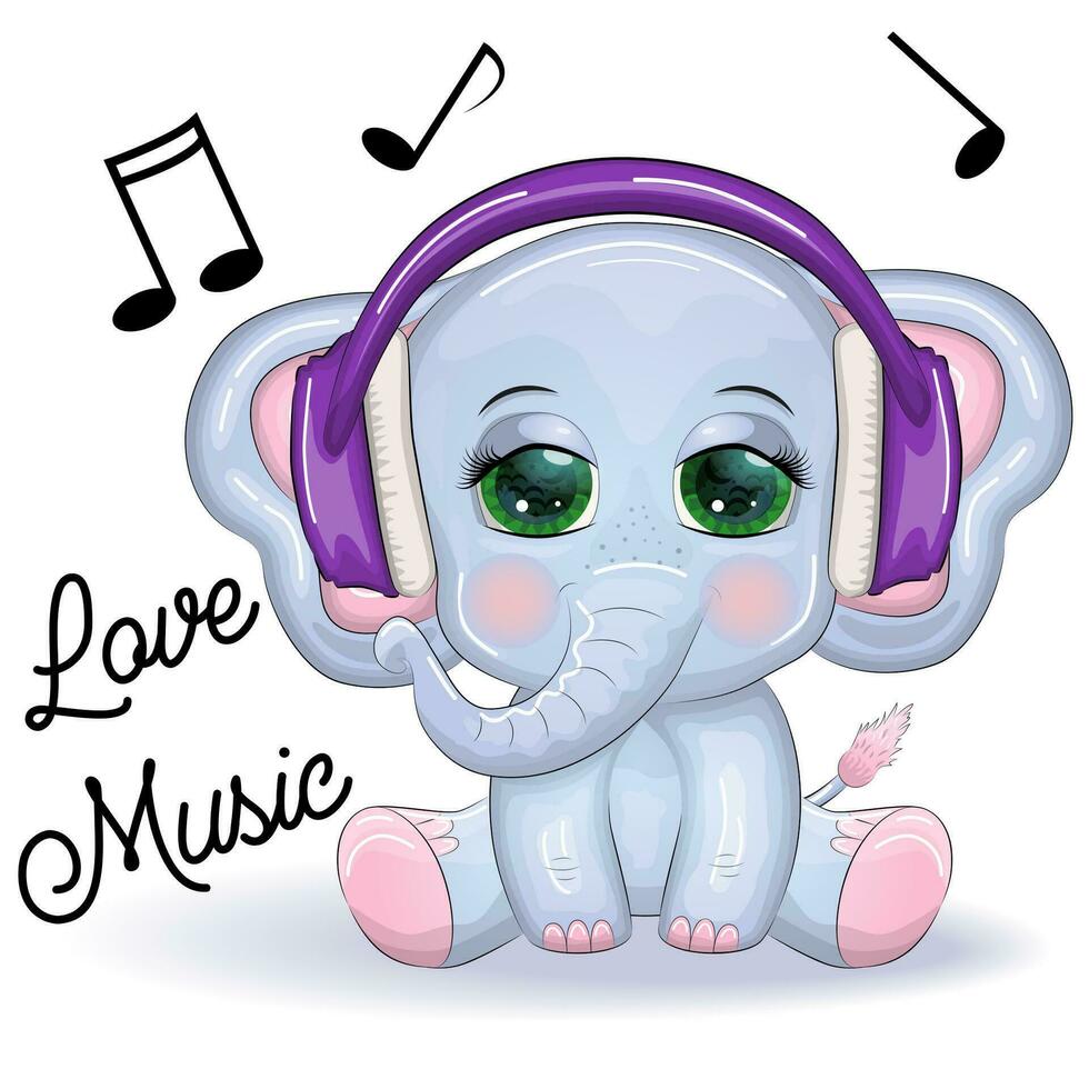 Cute cartoon elephant, childish character with beautiful eyes wearing headphones, music lover listening to music vector