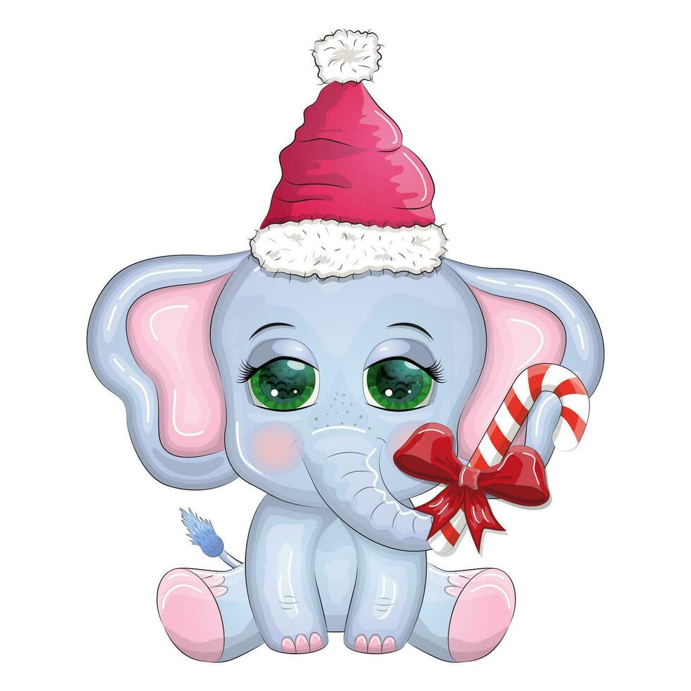 linda dibujos animados elefante, infantil personaje con hermosa ojos vistiendo Papa Noel sombrero, bufanda, participación regalo, Navidad pelota vector