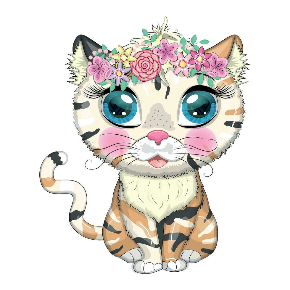 Cartoon cat with a wreath. Spring is coming. Cute child character, symbol of 2023 new chinese year vector