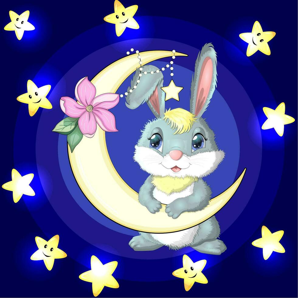 Cartoon rabbit, hare on the moon with flowers and stars. Cute child character, symbol of 2023 new chinese year vector