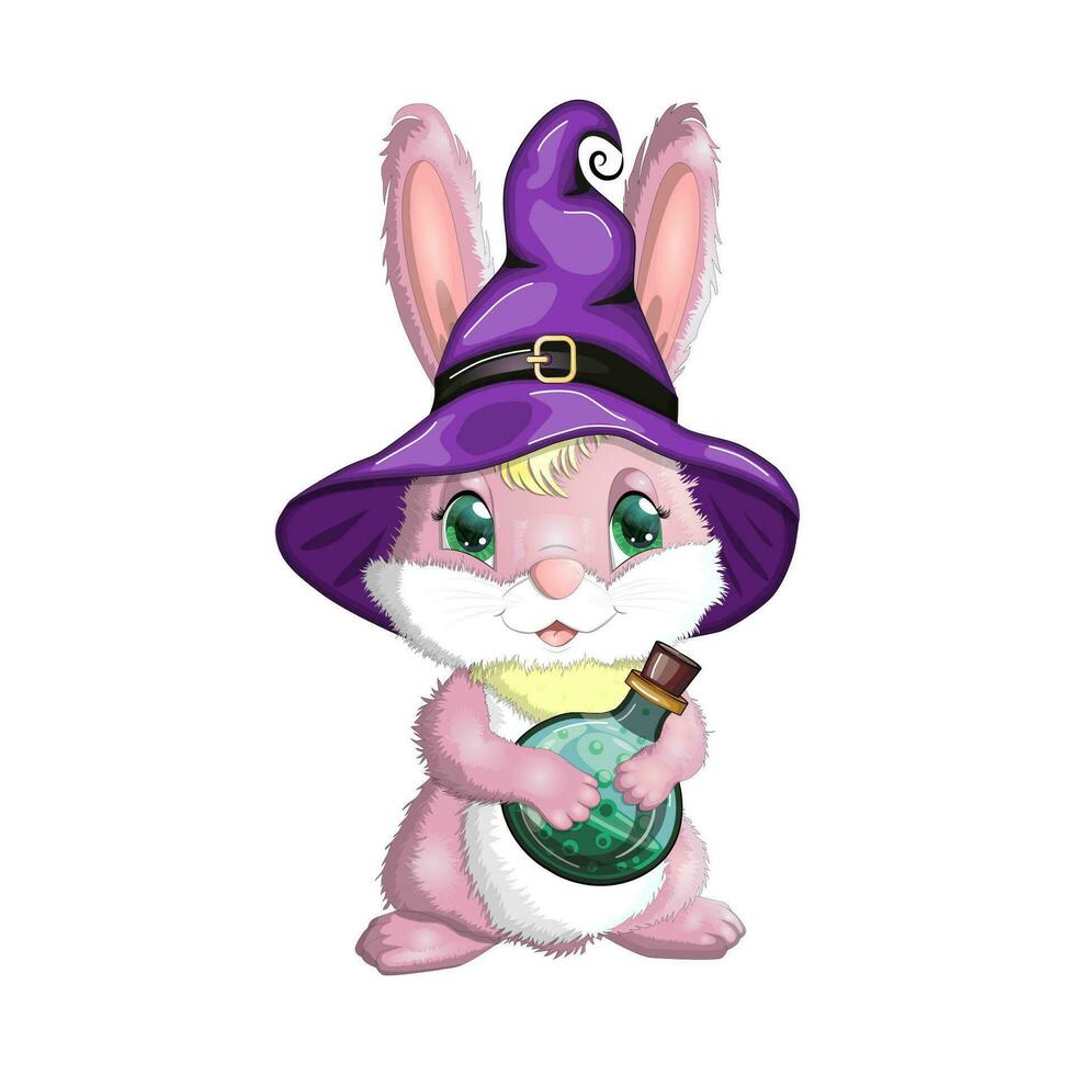 Cute Bunny in witch hat with pumpkin, broom, potion. Happy Halloween festival concept. Year 2023 hare mascot character vector