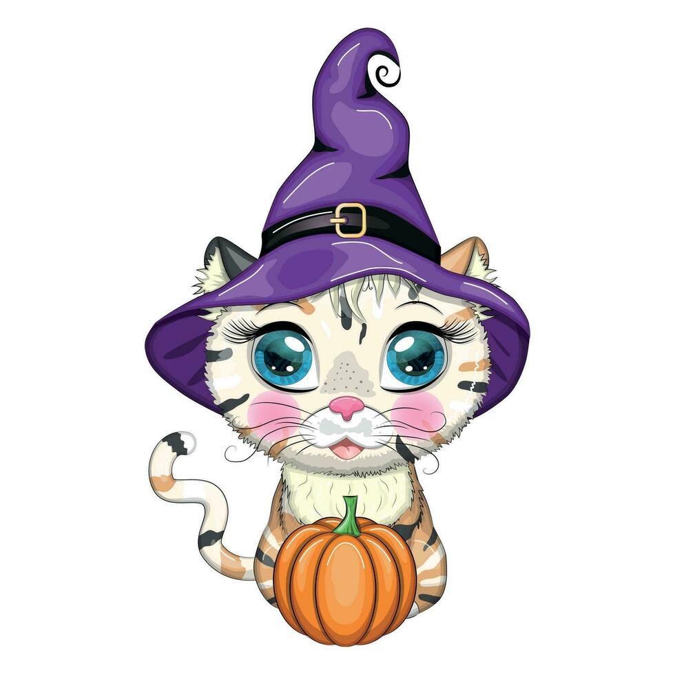 Cartoon cat in purple witch hat with broom, pumpkin, potion. Halloween character, poster. symbol of 2023 vector