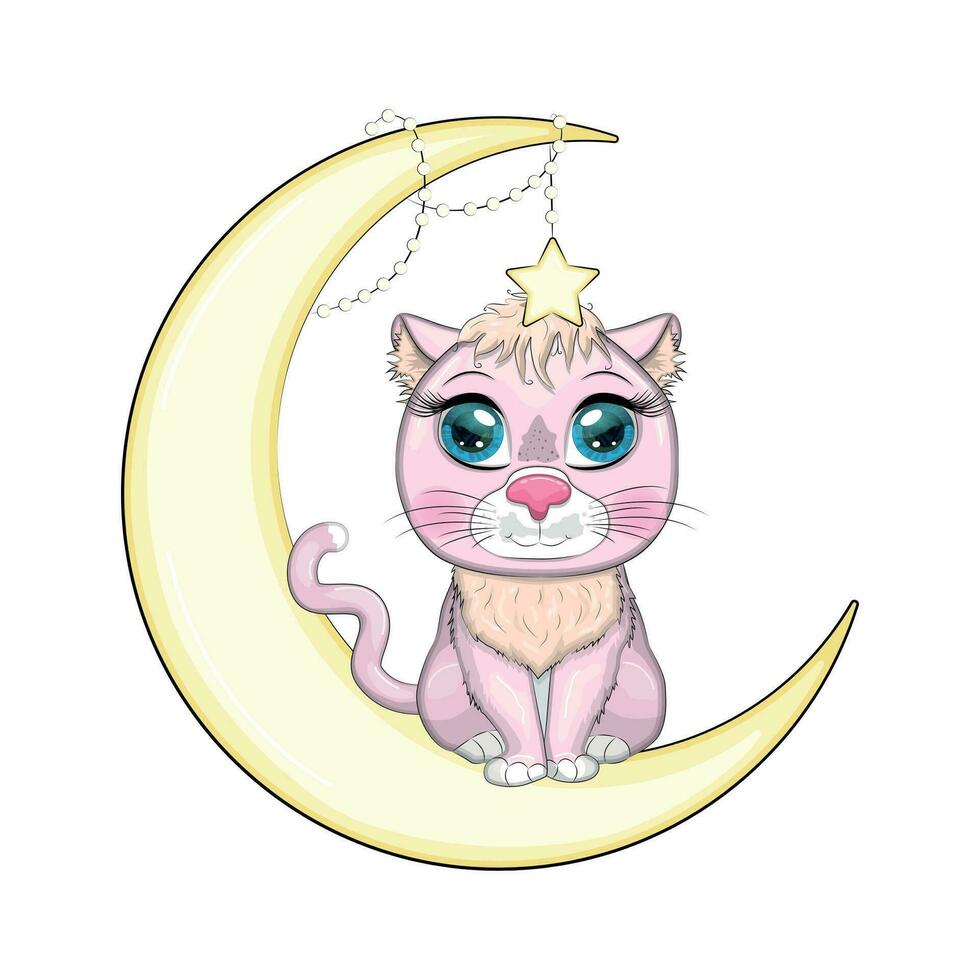 Cartoon cat on the moon with flowers. Cute child character, symbol of 2023 new chinese year vector