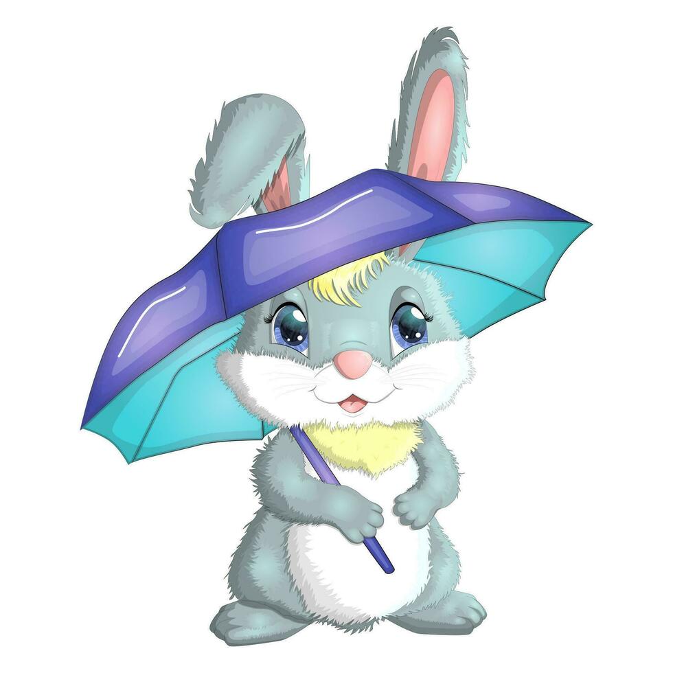 Cartoon rabbit, hare with an umbrella. Autumn, Cute childish character, symbol of 2023 Chinese New Year vector