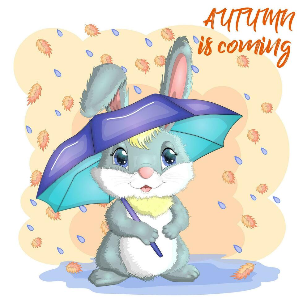 Cartoon rabbit, hare with an umbrella. Autumn, Cute childish character, symbol of 2023 Chinese New Year vector