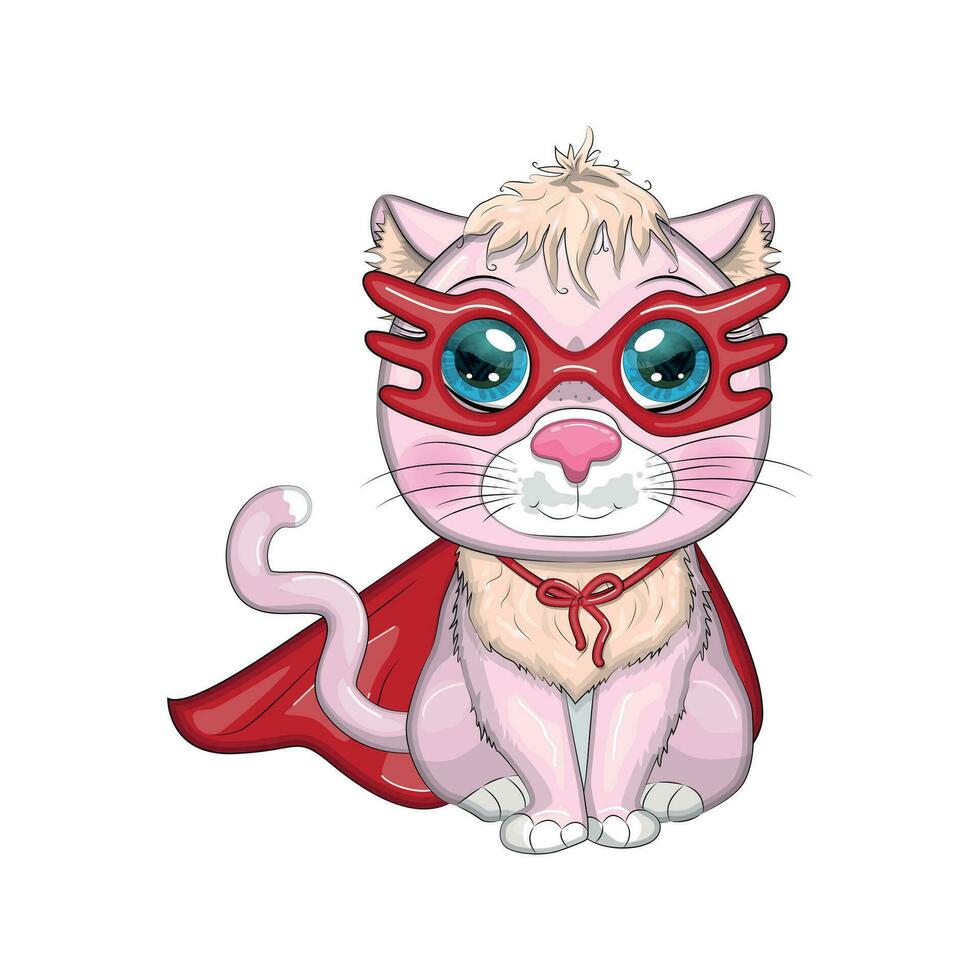 Cartoon cat superhero in a red cloak and mask. Cute child character, symbol of 2023 new chinese year vector