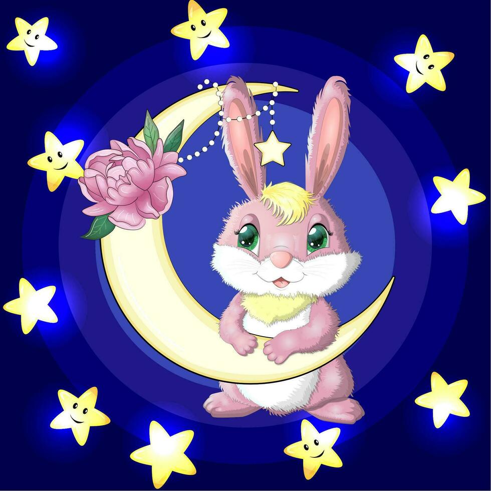 Cartoon rabbit, hare on the moon with flowers and stars. Cute child character, symbol of 2023 new chinese year vector
