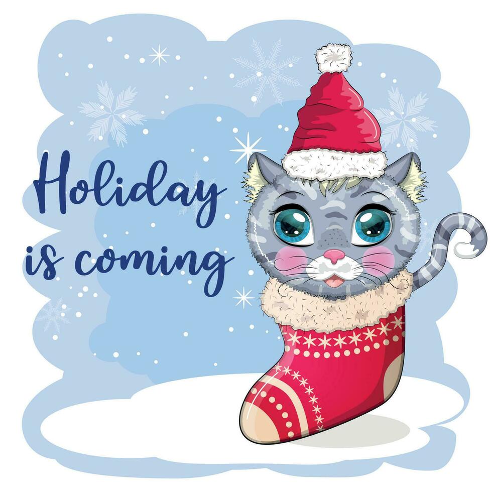 Cute cartoon cat in a Santa hat on a background of snow. Winter 2023, Christmas and Chinese New Year. vector