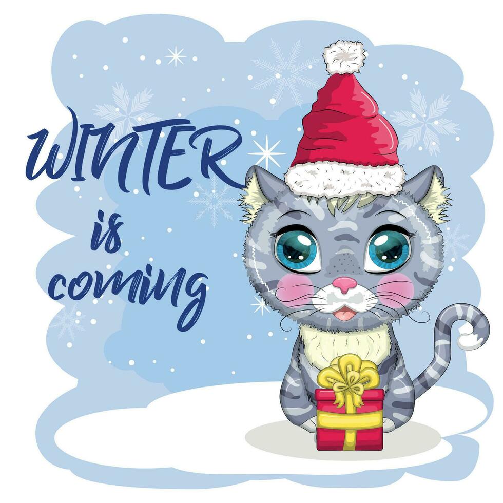 Cute cartoon cat in a Santa hat on a background of snow. Winter 2023, Christmas and Chinese New Year. vector