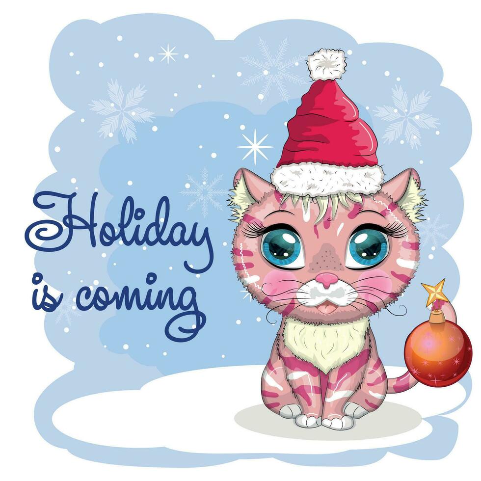 Cute cartoon cat in a Santa hat on a background of snow. Winter 2023, Christmas and Chinese New Year. vector