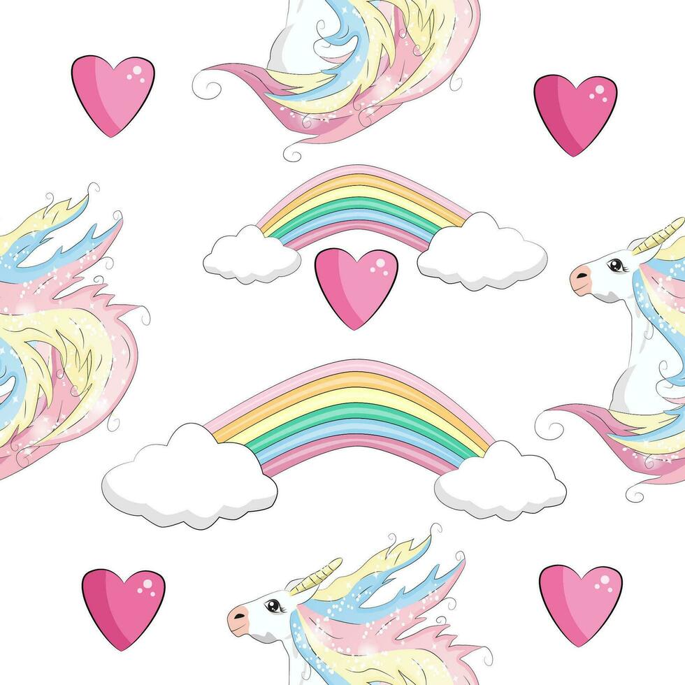 Seamless pattern with cute unicorns, clouds,rainbow and stars. Magic background with little unicorns vector