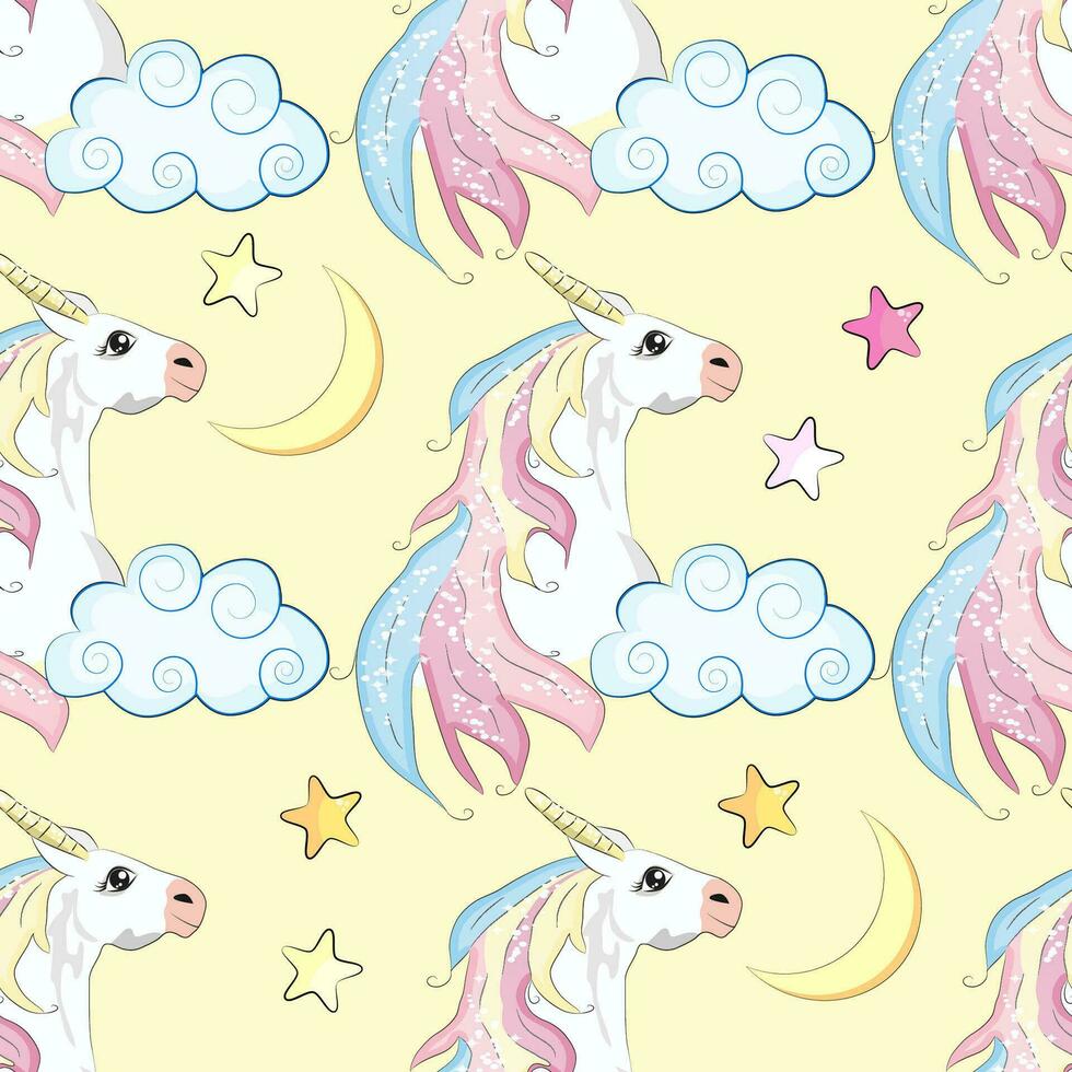 sin costura modelo con linda unicornios, nubes, arcoiris y estrellas. magia antecedentes con pequeño unicornios vector