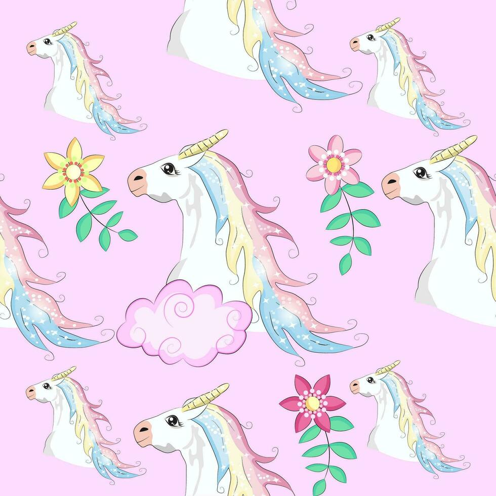 Seamless pattern with cute unicorns, clouds,rainbow and stars. Magic background with little unicorns vector