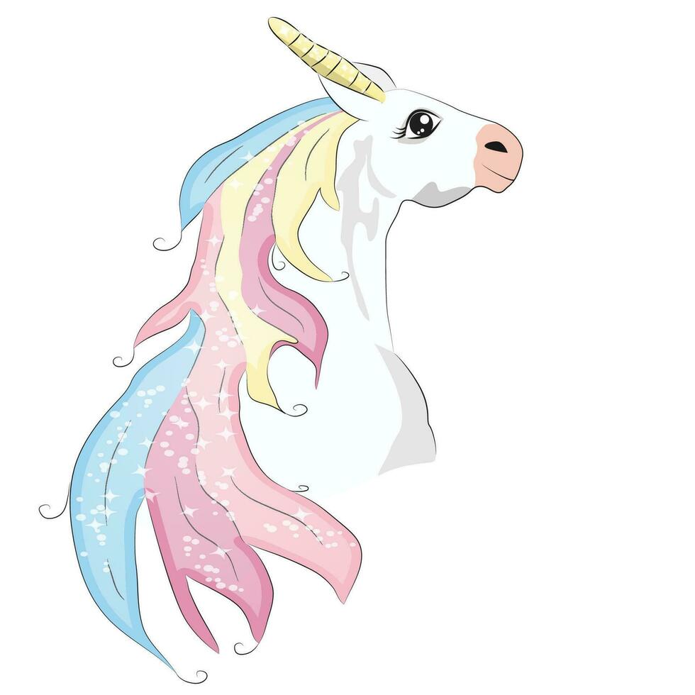 White Unicorn illustration for children design. Rainbow hair. Isolated. Cute fantasy animal. vector