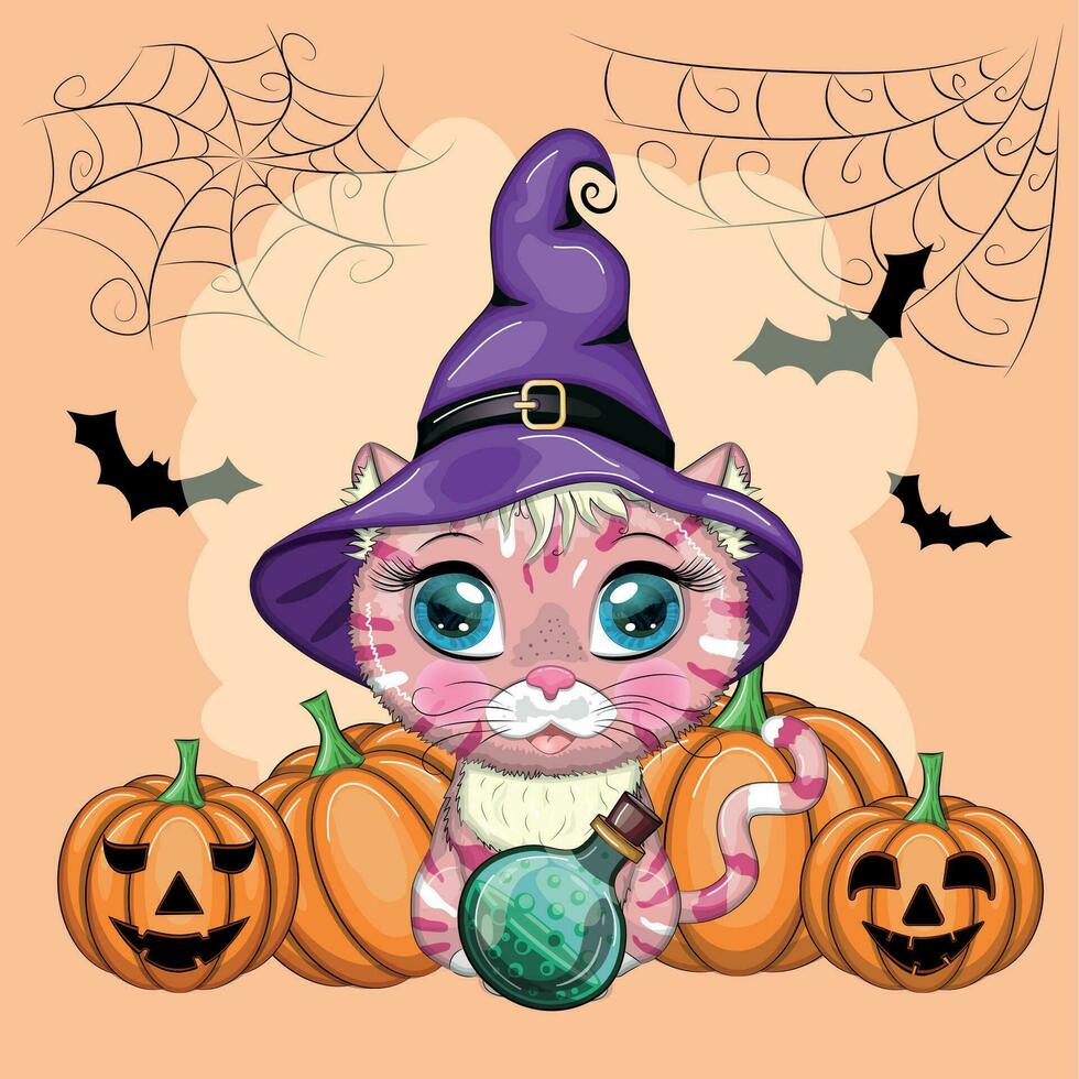 Cartoon cat in purple witch hat with broom, pumpkin, potion. Halloween character, poster. symbol of 2023 vector