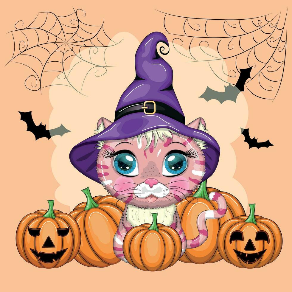 gato de dibujos animados con sombrero de bruja púrpura con escoba, calabaza, poción. personaje de halloween, cartel. símbolo de 2023 vector