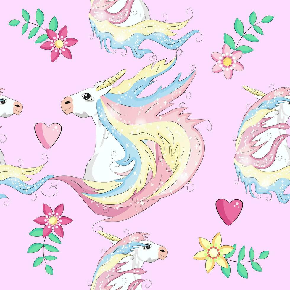 sin costura modelo con linda unicornios, nubes, arcoiris y estrellas. magia antecedentes con pequeño unicornios vector