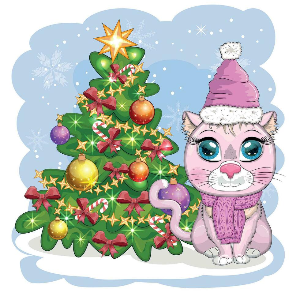 lindo gato de dibujos animados en el sombrero de santa cerca del árbol de navidad decorado. invierno 2023, navidad y nuevo chino vector