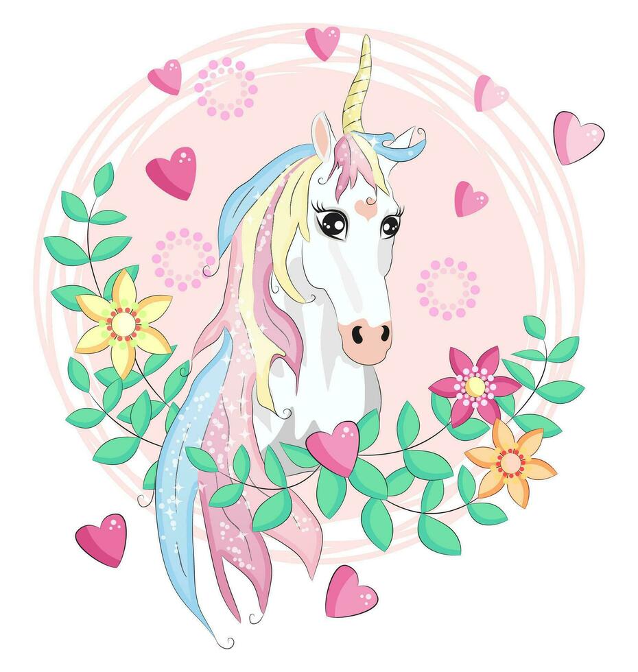 kawaii noche cielo composición con unicornio rosas estrellas y Luna creciente aislado en whte antecedentes. festivo antecedentes o saludo tarjeta. pastel godo paleta. vector