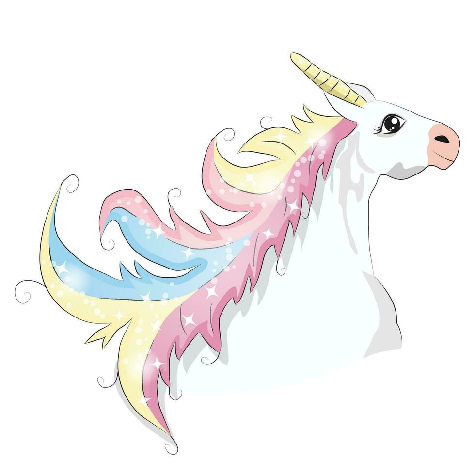White Unicorn illustration for children design. Rainbow hair. Isolated. Cute fantasy animal. vector