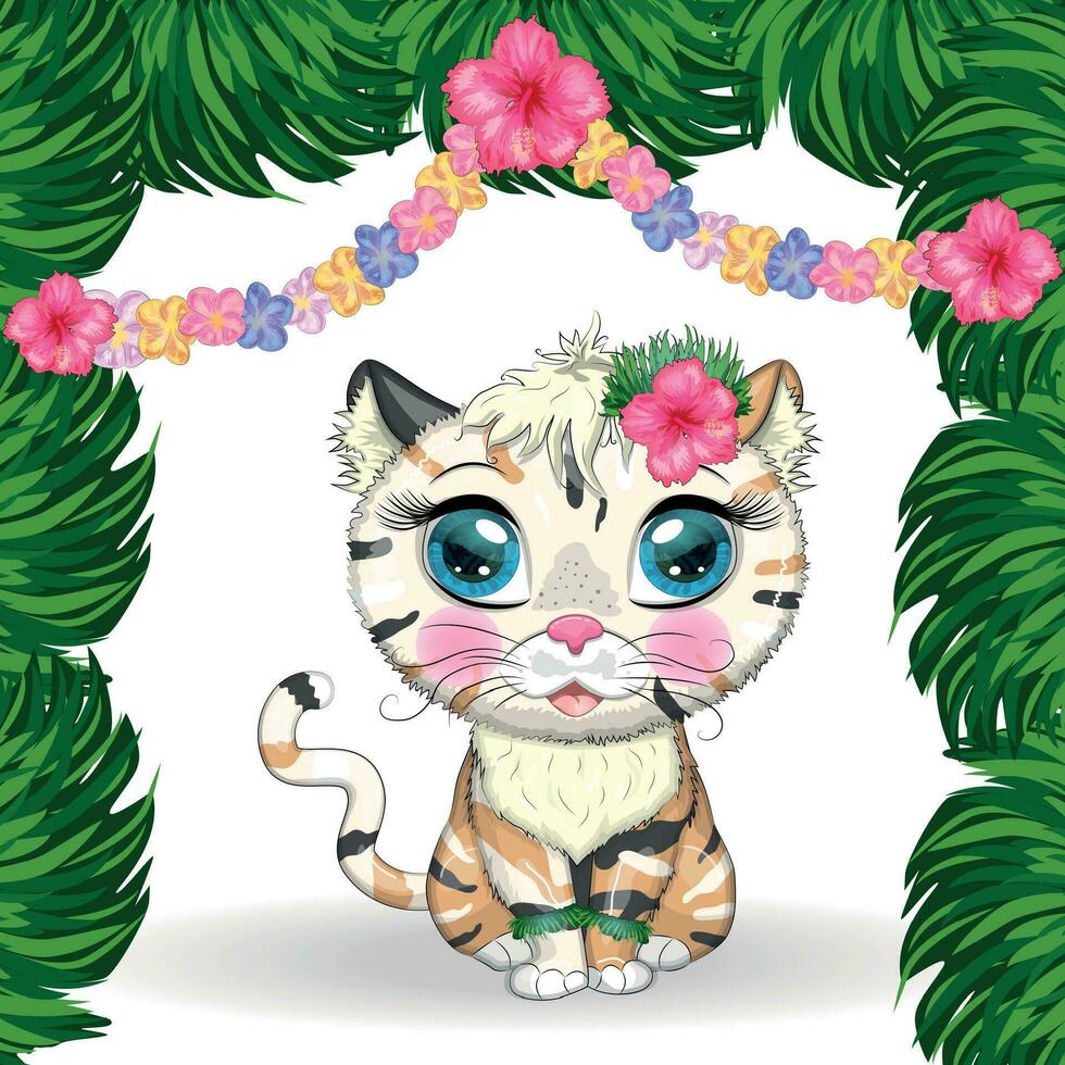gato de dibujos animados vestido como bailarín de hula bajo el ukelele, hawaii. vacaciones de verano. lindo personaje infantil, símbolo de 2023 vector