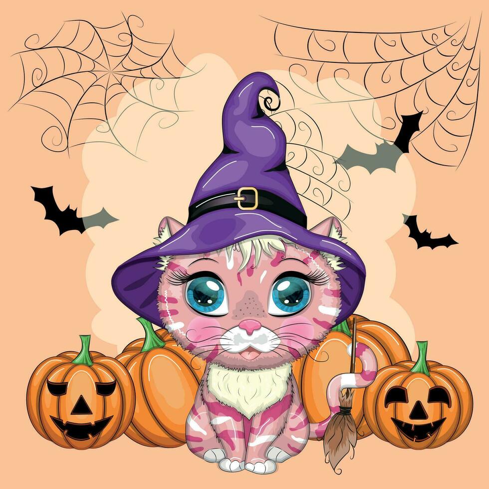 Cartoon cat in purple witch hat with broom, pumpkin, potion. Halloween character, poster. symbol of 2023 vector