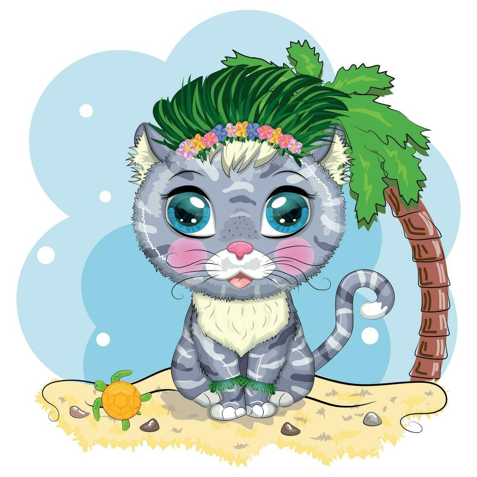 Cartoon cat dressed as a hula dancer under the ukulele, Hawaii. Summer, vacation. Cute child character, symbol of 2023 vector