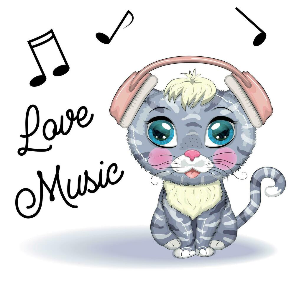 Cartoon cat music lover in headphones listens to music, concert. Cute child character, symbol of 2023 new chinese vector