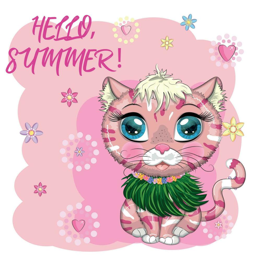 Cartoon cat dressed as a hula dancer under the ukulele, Hawaii. Summer, vacation. Cute child character, symbol of 2023 vector