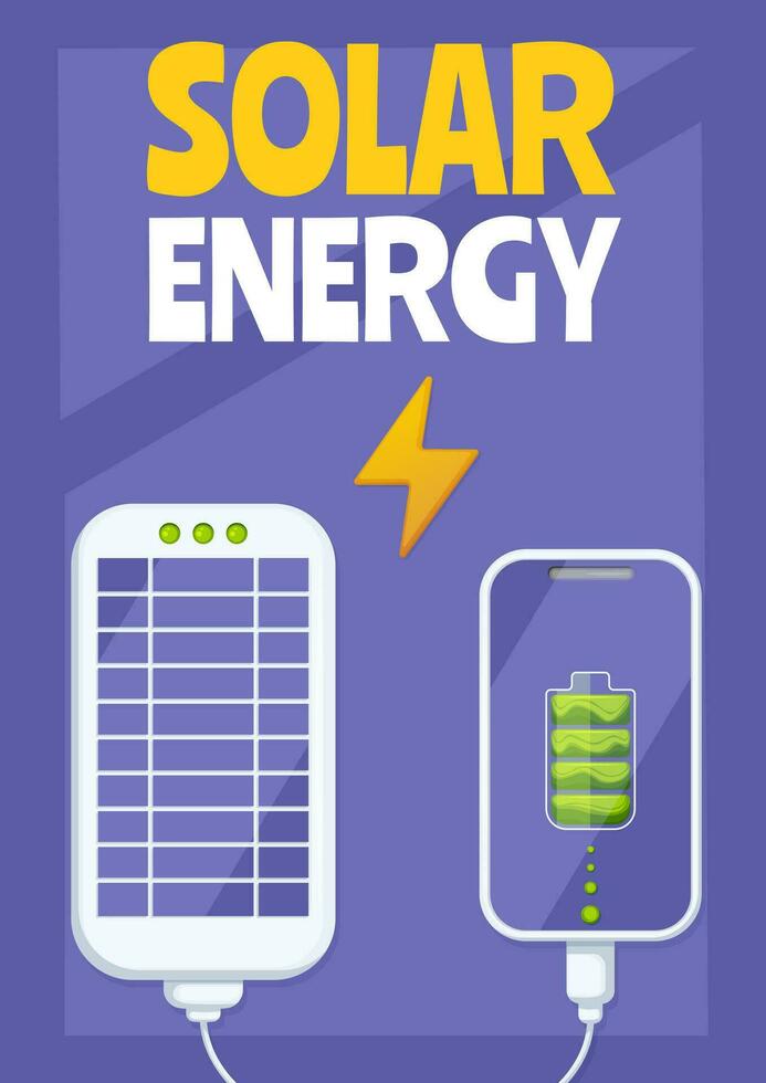 Solar energy poster. Portable solar panel for phone charging. Eco friendly, sustainable, renewable source of energy. Concept of net zero emissions by 2050. Vector illustration for banner, flyer