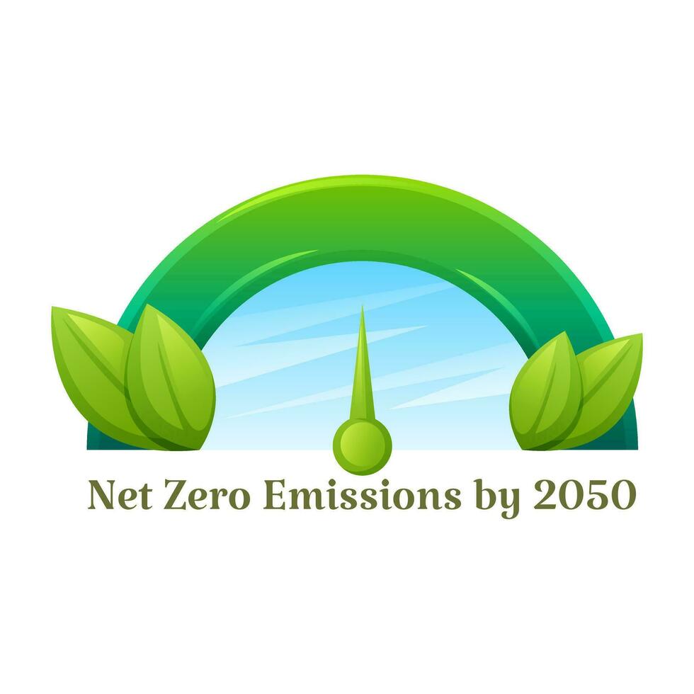 Measuring pointer as a symbol net zero emissions by 2050. Net zero and carbon neutral concept. Climate neutral long term strategy. Green renewable energy technology for a clean future environment. vector