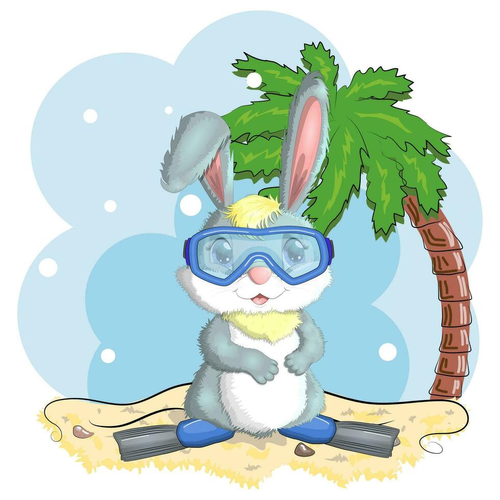 Cute rabbit, hare in a summer hat and swim ring, flippers. Beach, holiday, vacation concept. Symbol of 2023. vector