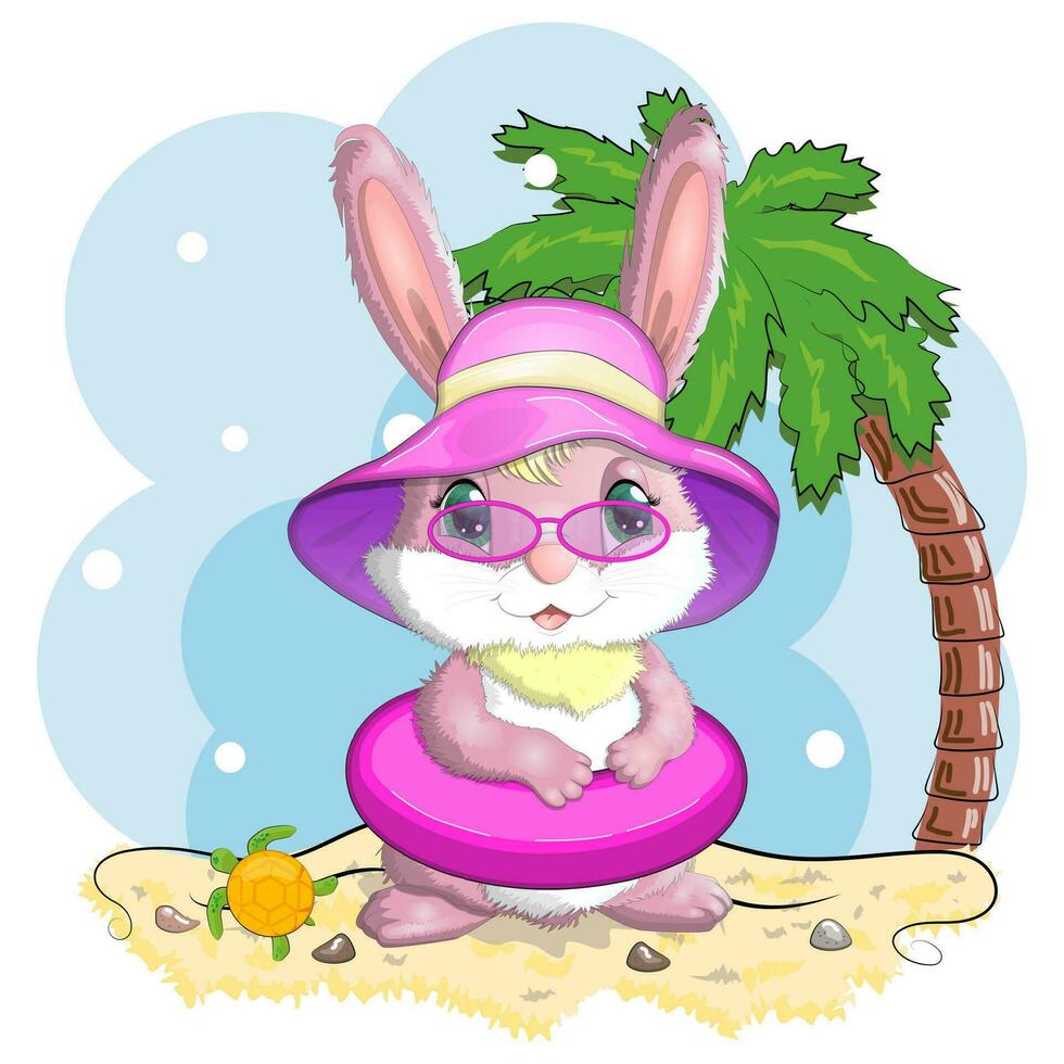 Cute rabbit, hare in a summer hat and swim ring, flippers. Beach, holiday, vacation concept. Symbol of 2023. vector