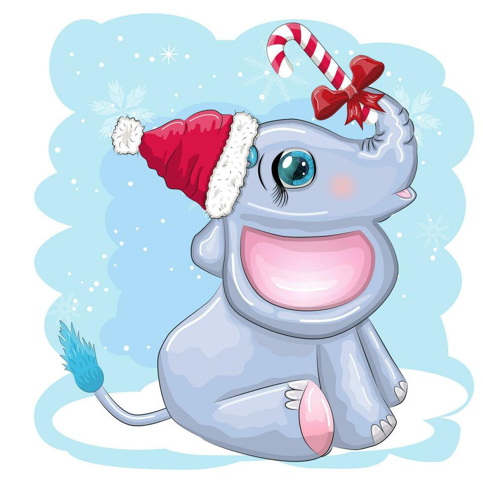 linda dibujos animados elefante, infantil personaje con hermosa ojos vistiendo Papa Noel sombrero, bufanda, participación regalo, Navidad pelota vector