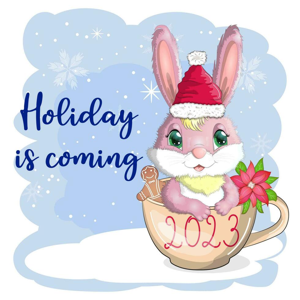 Cute cartoon rabbit in a Santa hat on a background of snow. Winter 2023, Christmas and New Year vector