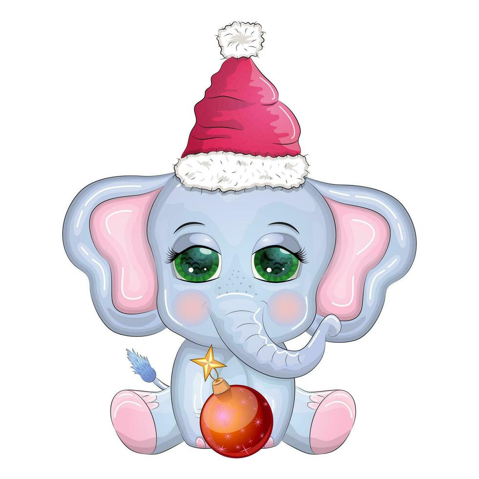 linda dibujos animados elefante, infantil personaje con hermosa ojos vistiendo Papa Noel sombrero, bufanda, participación regalo, Navidad pelota vector