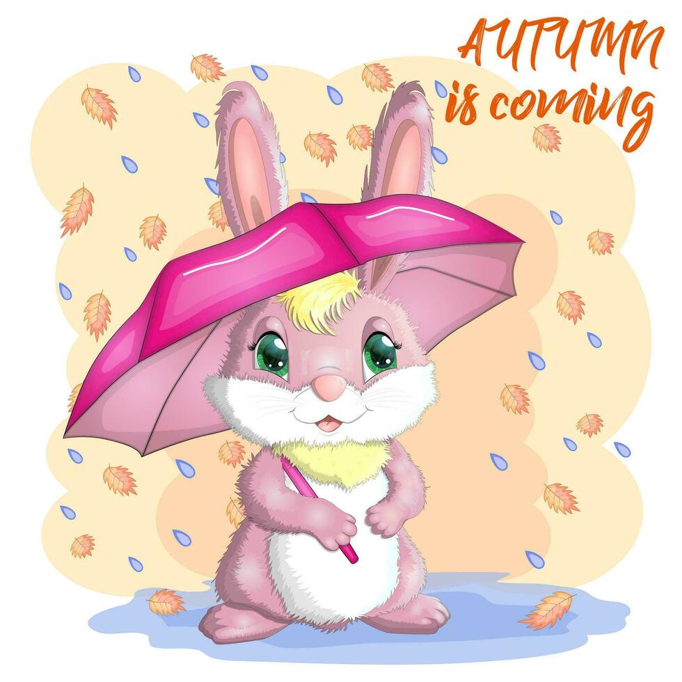 Cartoon rabbit, hare with an umbrella. Autumn, Cute childish character, symbol of 2023 Chinese New Year vector